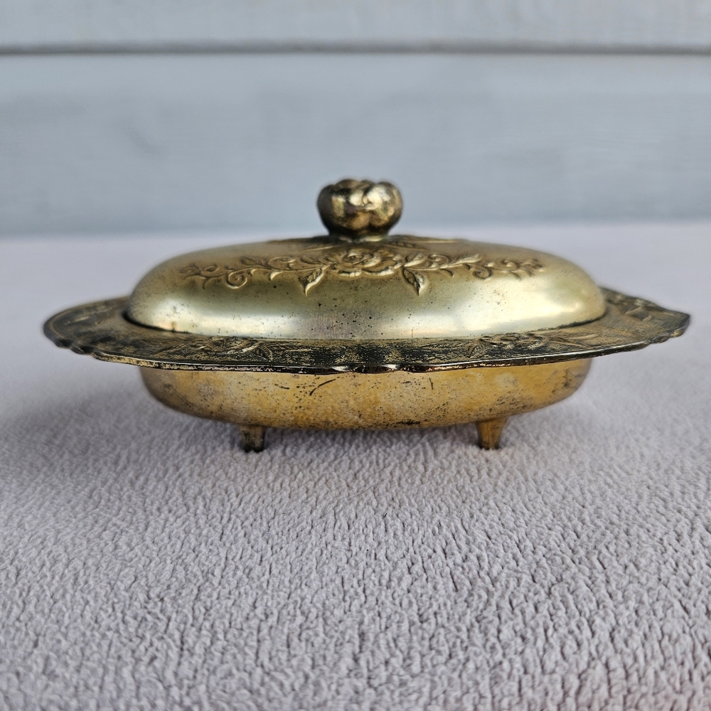 VTG Metal Engraved Footed Trinket Box Storage Footed Floral Japan Gold Patina